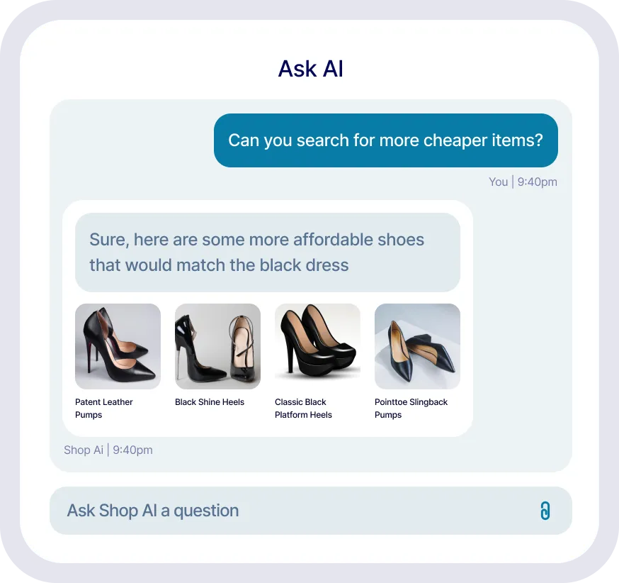 Chat interface showing Ask AI with affordable black shoe suggestions including Patent Leather Pumps and Classic Black Platform Heels