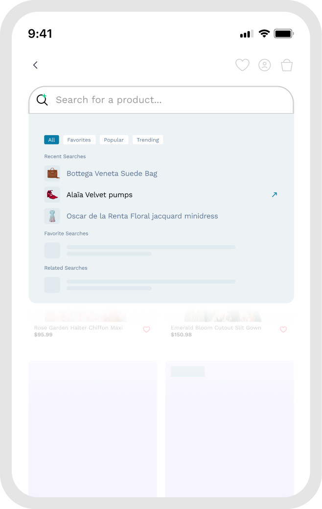 Mobile app screen showing self-optimizing search suggestions