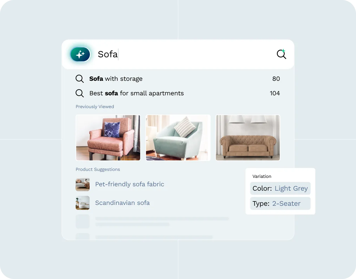Search interface showing sofa results with variation panel